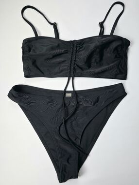 Xhilaration Black Bikini Set M 2 Piece Bandeau Top Ruched High Cut EUC